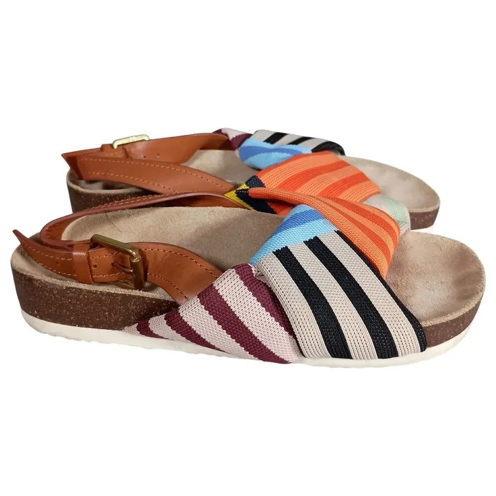 Tory Burch Corey Sandal Flat Patchwork Twist Striped Textile Leather Womens 5